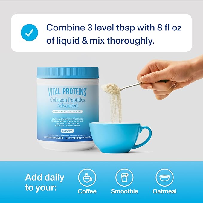 Vital Proteins Collagen Peptides Powder Advanced with Hyaluronic Acid & Vitamin C - 20 oz Collagen, Unflavored, 28 Servings