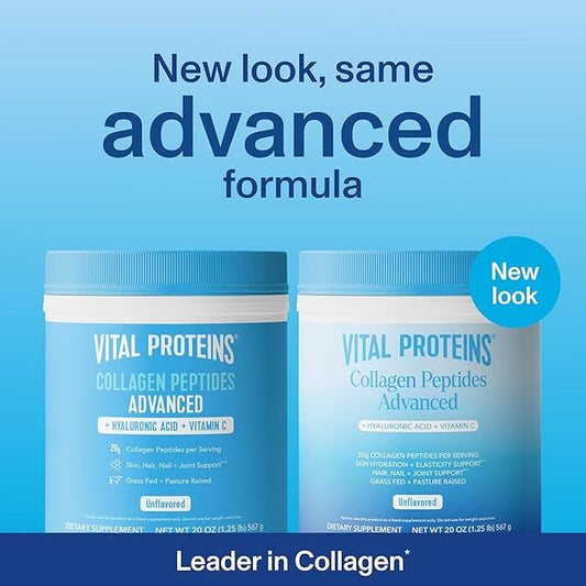 Vital Proteins Collagen Peptides Powder Advanced with Hyaluronic Acid & Vitamin C - 20 oz Collagen, Unflavored, 28 Servings