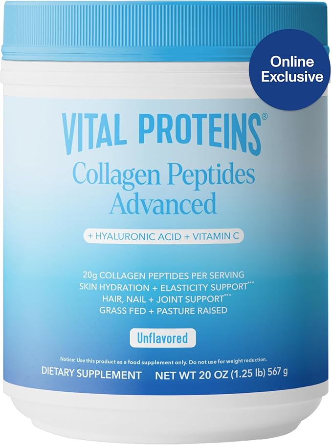 Vital Proteins Collagen Peptides Powder Advanced with Hyaluronic Acid & Vitamin C - 20 oz Collagen, Unflavored, 28 Servings