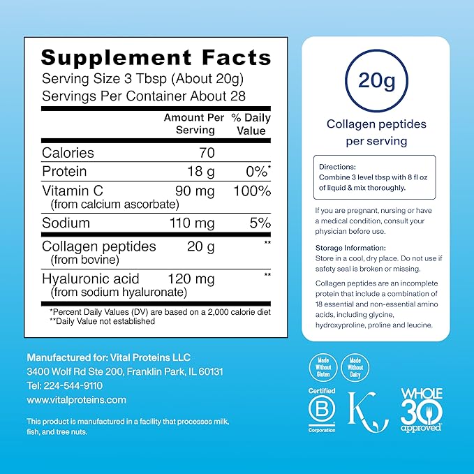 Vital Proteins Collagen Peptides Powder Advanced with Hyaluronic Acid & Vitamin C - 20 oz Collagen, Unflavored, 28 Servings